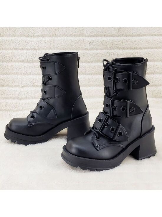Demonia Shoes - Bratty Goth 3 Big Buckle Strap Block Heel Combat Ankle Boots Punk Rock